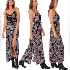 Lovestitch Fabulous Boho Floral Spaghetti Strap Lace Trim Maxi Dress